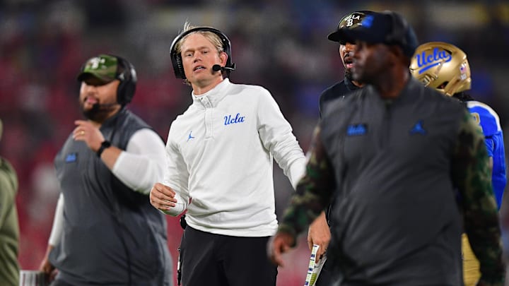 Nov 8, 2025; Pasadena, California, USA; UCLA Bruins offensive coordinator Jerry Neuheisel during the first half at the Rose Bowl. Mandatory Credit: Gary A. Vasquez-Imagn Images