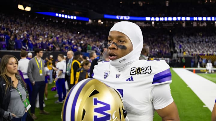Jan 8, 2024; Houston, TX, USA; Washington Huskies cornerback Thaddeus Dixon (9) against the Michigan Wolverines during the 2024 College Football Playoff national championship game at NRG Stadium. Mandatory Credit: Mark J. Rebilas-Imagn Images