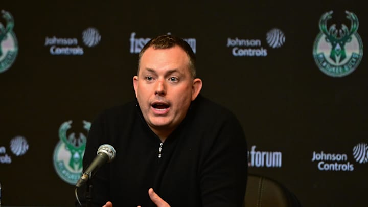 Jan 24, 2024; Milwaukee, Wisconsin, USA; Milwaukee Bucks general manager Jon Horst address the media after head coach Adrian Griffin (not pictured) was dismissed at Fiserv Forum. Mandatory Credit: Benny Sieu-Imagn Images