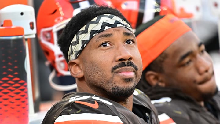 Nov 3, 2024; Cleveland, Ohio, USA; Cleveland Browns defensive end Myles Garrett (95) sits on the sidelines during the second half against the Los Angeles Chargers at Huntington Bank Field. Mandatory Credit: Ken Blaze-Imagn Images