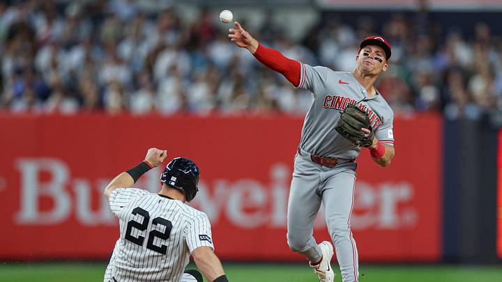 Jun 19, 2026; Bronx, New York, USA; Cincinnati Reds second baseman Matt McLain (9) attempts to turn a double play after forcing out New York Yankees first baseman Ben Rice (22) at second base during the fifth inning at Yankee Stadium. Mandatory Credit: Vincent Carchietta-Imagn Images Jun 19, 2026; Bronx, New York, USA; Cincinnati Reds second baseman Matt McLain (9) attempts to turn a double play after forcing out New York Yankees first baseman Ben Rice (22) at second base during the fifth inning at Yankee Stadium. Mandatory Credit: Vincent Carchietta-Imagn Images
