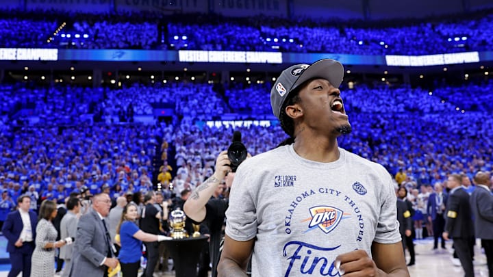 May 28, 2025; Oklahoma City, Oklahoma, USA; Oklahoma City Thunder forward Jalen Williams (8) celebrate after defeating the Minnesota Timberwolves game five to win western conference finals to win the 2025 NBA Playoffs at Paycom Center. Mandatory Credit: Alonzo Adams-Imagn Images
