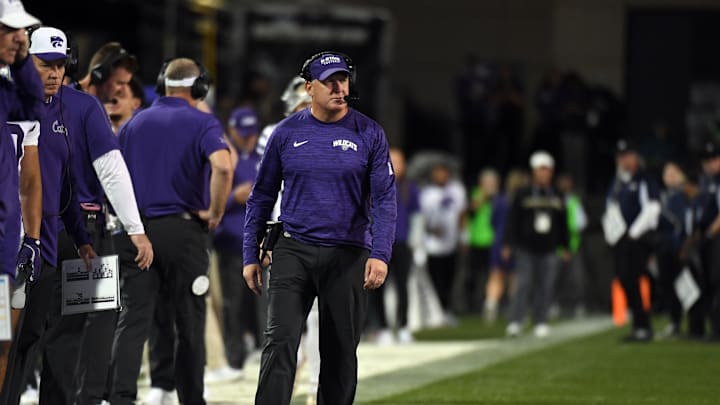Oct 12, 2024; Boulder, Colorado, USA; Kansas State Wildcats head coach Chris Klieman looks on from the sideline during the first half against the Colorado Buffaloes at Folsom Field. Mandatory Credit: Christopher Hanewinckel-Imagn Images