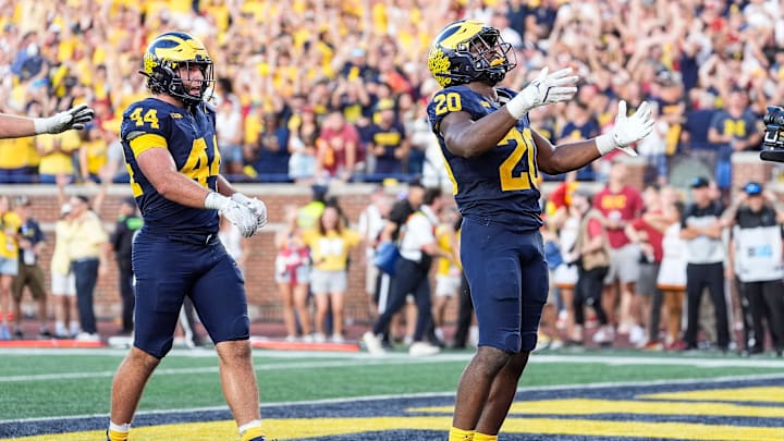 Michigan running back Kalel Mullings celebrates a go-ahead 1-yard touchdown against USC with 37 seconds left in the fourth quarter at Michigan Stadium in Ann Arbor on Saturday, Sept. 21, 2024. Michigan won, 27-24.
