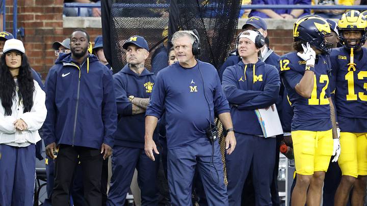 Sep 19, 2026; Ann Arbor, Michigan, USA;  Michigan Wolverines head coach Kyle Whittingham on the sidelines during the third quarter against the Texas El Paso Miners at Michigan Stadium.  Mandatory Credit: Rick Osentoski-Imagn Images