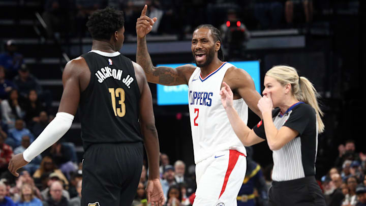 Feb 23, 2024; Memphis, Tennessee, USA; Los Angeles Clippers forward Kawhi Leonard (2) reacts after a foul call during the second half against the Memphis Grizzlies at FedExForum. Mandatory Credit: Petre Thomas-Imagn Images