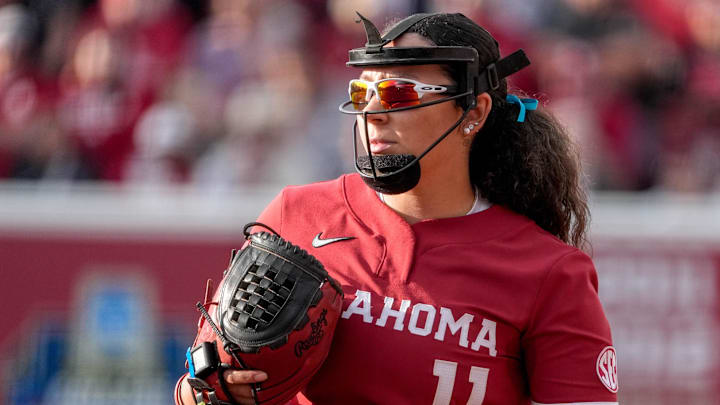 Oklahoma starting pitcher Kierston Deal (11) pitches during an NCAA softball game between Oklahoma (OU) and Texas at Love’s Field in Norman. Okla., on Saturday, April 26, 2025.