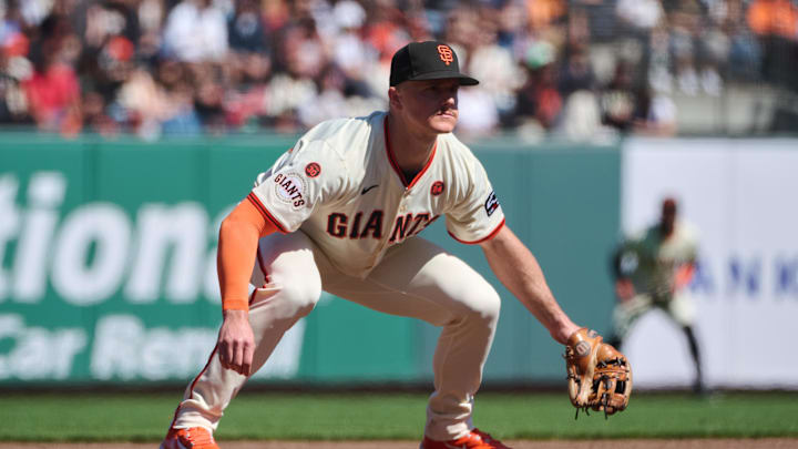 Sep 28, 2024; San Francisco, California, USA; San Francisco Giants third baseman Matt Chapman (26) plays his position against the St. Louis Cardinals during the fourth inning at Oracle Park. 