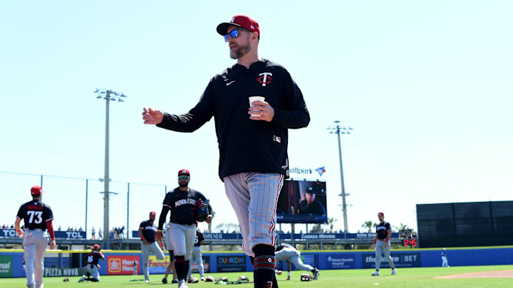 Mar 11, 2025; Dunedin, Florida, USA; Minnesota Twins manager Rocco Baldelli (5) talks with some fans before the start of the game against the Toronto Blue Jays during spring training   at TD Ballpark. Mandatory Credit: Jonathan Dyer-Imagn Images