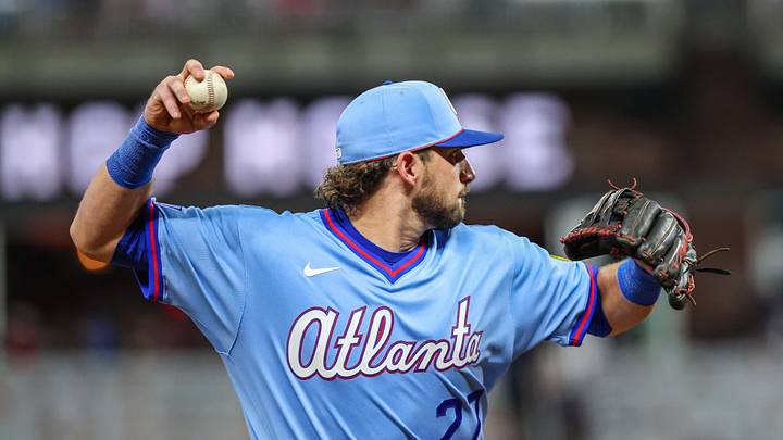 Sep 12, 2026; Cumberland, Georgia, USA;  Atlanta Braves third baseman Austin Riley (27) throws the ball to first base for an out against the Philadelphia Phillies during the eighth inning at Truist Park.  Mandatory Credit: Jordan Godfree-Imagn Images