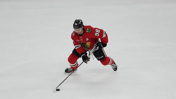 Apr 15, 2026; Chicago, Illinois, USA; Chicago Blackhawks center Connor Bedard (98) skates a against the San Jose Sharks during the second period at United Center. Mandatory Credit: David Banks-Imagn Images