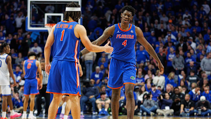 Jan 31, 2024; Lexington, Kentucky, USA; Florida Gators forward Tyrese Samuel (4) celebrates with