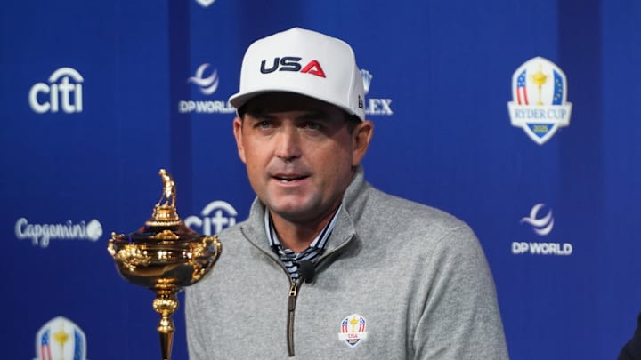 Oct 8, 2024; New York, New York, USA; US team captain Keegan Bradley, left, and Europe team captain Luke Donald speak during a press conference at Times Center. Mandatory Credit: Lucas Boland-Imagn Images