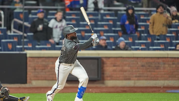 Mar 28, 2026; New York City, New York, USA; New York Mets center fielder Luis Robert Jr. (88) hits a three run walk off home run against the Pittsburgh Pirates during the eleventh inning at Citi Field. Mandatory Credit: Gregory Fisher-Imagn Images