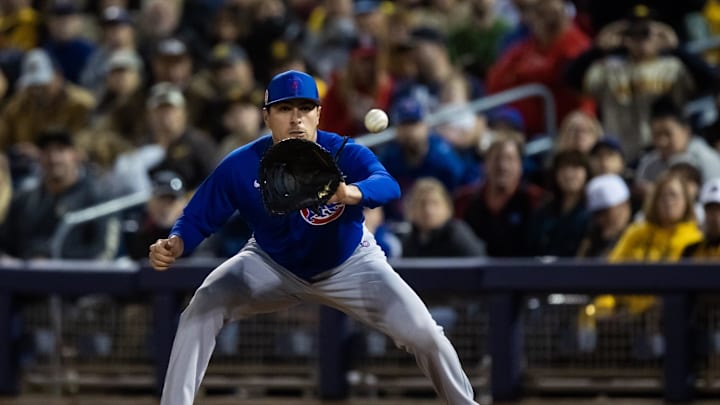 Mar 3, 2023; Peoria, Arizona, USA; Chicago Cubs first baseman Matt Mervis fields a throw against the