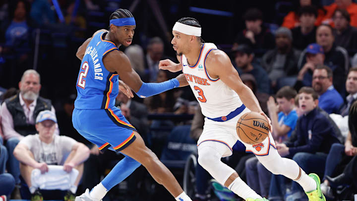 Dec 27, 2023; Oklahoma City, Oklahoma, USA; New York Knicks guard Josh Hart (3) drives to the basket against Oklahoma City Thunder guard Shai Gilgeous-Alexander (2) during the second half at Paycom Center. Mandatory Credit: Alonzo Adams-Imagn Images