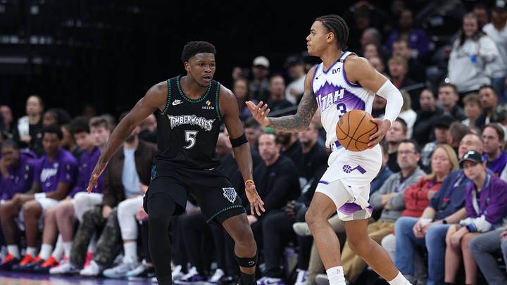 Nov 10, 2025; Salt Lake City, Utah, USA; Utah Jazz guard Keyonte George (3) sets up a play as Minnesota Timberwolves guard Anthony Edwards (5) defends during the second half at Delta Center. Mandatory Credit: Rob Gray-Imagn Images Nov 10, 2025; Salt Lake City, Utah, USA; Utah Jazz guard Keyonte George (3) sets up a play as Minnesota Timberwolves guard Anthony Edwards (5) defends during the second half at Delta Center. Mandatory Credit: Rob Gray-Imagn Images