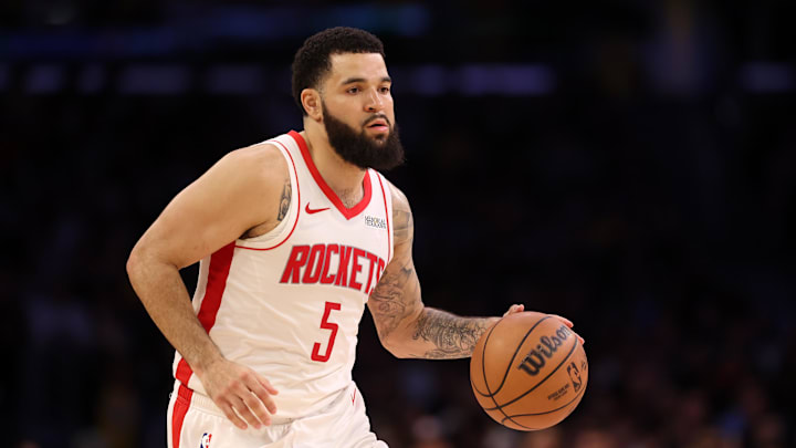 Houston Rockets guard Fred VanVleet (5) dribbles the ball during the third quarter against the Los Angeles Lakers.