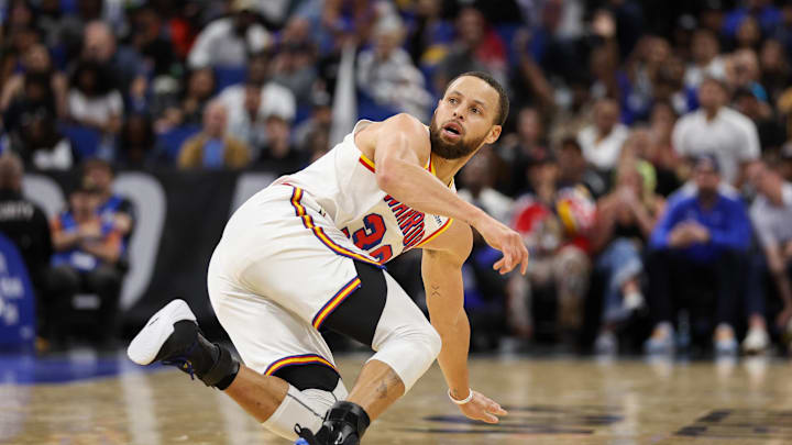 Feb 27, 2025; Orlando, Florida, USA; Golden State Warriors guard Stephen Curry (30) reacts after a shot against the Orlando Magic in the third quarter at Kia Center. Mandatory Credit: Nathan Ray Seebeck-Imagn Images