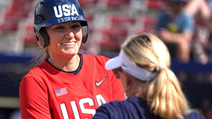 Team USA's Kinzie Hansen talks with coach Patty Gasso during the USA Softball All-Star Showcase at Devon Park on Friday, June 27, 2025.