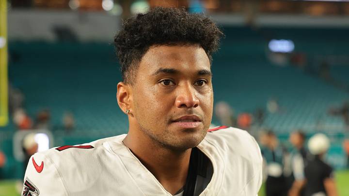 Aug 28, 2026; Miami Gardens, Florida, USA; Atlanta Falcons quarterback Tua Tagovailoa (1) looks on after the game against the Miami Dolphins at Hard Rock Stadium. Mandatory Credit: Sam Navarro-Imagn Images