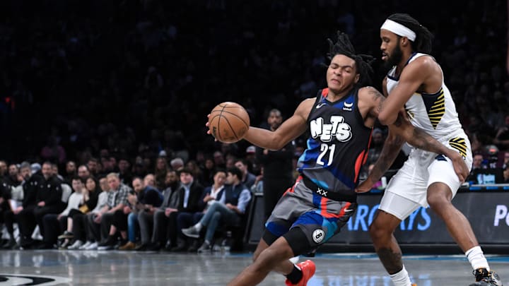 Apr 3, 2024; Brooklyn, New York, USA; Brooklyn Nets forward Noah Clowney (21) drives to the basket