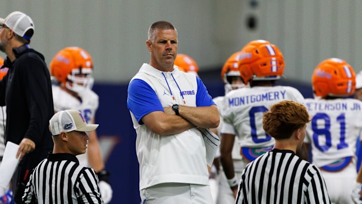 Florida Gators head coach Billy Napier looks on during fall football practice at Sanders Indoor Practice Fields at the University of Florida in Gainesville, FL on Thursday, August 7, 2025. [Matt Pendleton/Gainesville Sun]