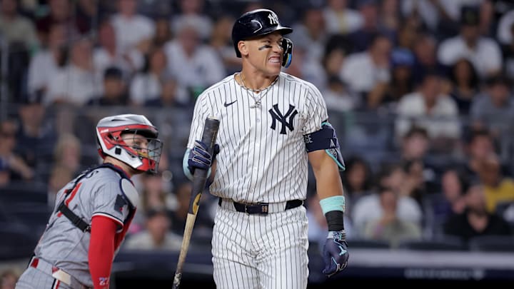 Aug 11, 2025; Bronx, New York, USA; New York Yankees designated hitter Aaron Judge (99) reacts after striking out during the fifth inning against the Minnesota Twins at Yankee Stadium. Mandatory Credit: Brad Penner-Imagn Images