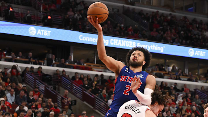 Oct 22, 2025; Chicago, Illinois, USA;  Detroit Pistons guard Cade Cunningham (2) shoots over Chicago Bulls guard Josh Giddey (3) during the second half at United Center. Mandatory Credit: Matt Marton-Imagn Images