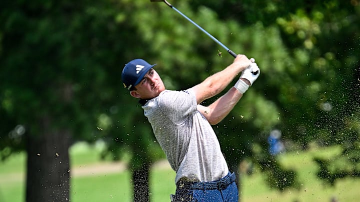 Aug 18, 2024; Memphis, Tennessee, USA; Nick Dunlap second set on the first fairway during the final round of the FedEx St. Jude Championship golf tournament at TPC Southwind. Mandatory Credit: Steve Roberts-Imagn Images Aug 18, 2024; Memphis, Tennessee, USA; Nick Dunlap second set on the first fairway during the final round of the FedEx St. Jude Championship golf tournament at TPC Southwind. Mandatory Credit: Steve Roberts-Imagn Images