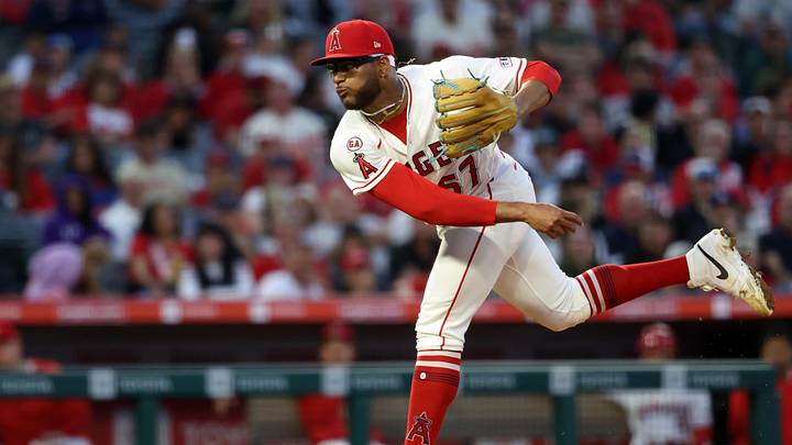 May 23, 2026; Anaheim, California, USA;  Los Angeles Angels pitcher Walbert Urena (57) pitches during the third inning against the Texas Rangers at Angel Stadium. Mandatory Credit: Kiyoshi Mio-Imagn Images