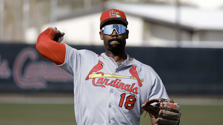 Feb 16, 2026; Jupiter, FL, USA;  St. Louis Cardinals right fielder Jordan Walker (18) throws during spring training workouts at Roger Dean Stadium. Mandatory Credit: Reinhold Matay-Imagn Images