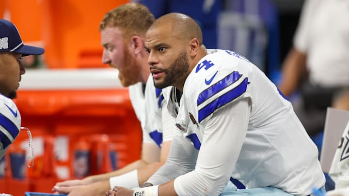 Nov 3, 2024; Atlanta, Georgia, USA; Dallas Cowboys quarterback Dak Prescott (4) on the bench against the Atlanta Falcons in the fourth quarter at Mercedes-Benz Stadium. Mandatory Credit: Brett Davis-Imagn Images