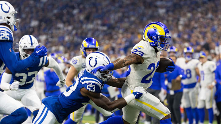 Oct 1, 2023; Indianapolis, Indiana, USA; Los Angeles Rams running back Kyren Williams (23) runs the