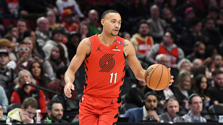 Jan 18, 2025; Portland, Oregon, USA;  Portland Trail Blazers guard Bryce McGowens (11) brings the ball forward during the second half at Moda Center. Mandatory Credit: Brian Murphy-Imagn Images