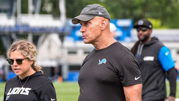 Detroit Lions Special Assistant to President/CEO and Chairperson Chris Spielman walks off the field after practice during training camp at Meijer Performance Center in Allen Park on Sunday, July 20, 2025.