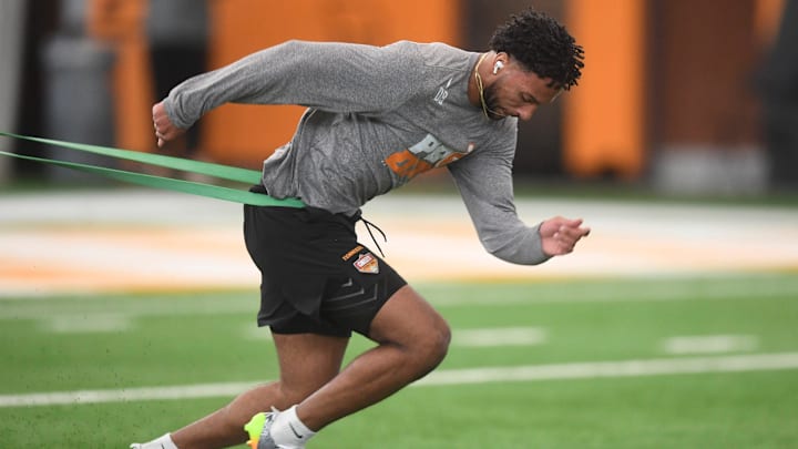 Gabe Jeudy-Lally participates in a drill at Tennessee Pro-Day in Knoxville, Tenn., Wednesday, March 27, 2024.