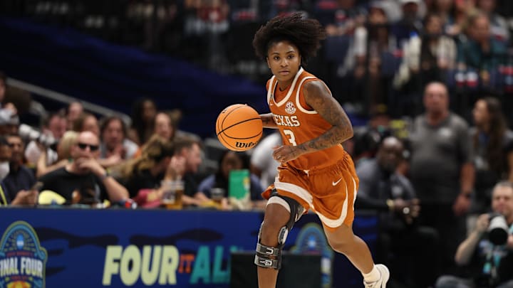 Apr 4, 2025; Tampa, FL, USA;  Texas Longhorns guard Rori Harmon (3) dribbles against the South Carolina Gamecocks during the first half in a semifinal of the women's 2025 NCAA tournament at Amalie Arena. Mandatory Credit: Nathan Ray Seebeck-Imagn Images