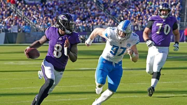 Oct 22, 2023; Baltimore, Maryland, USA; Baltimore Ravens quarterback Lamar Jackson (8) is pressured by Detroit Lions defensive lineman Aidan Hutchinson (97) during the fourth quarter at M&T Bank Stadium. Mandatory Credit: Mitch Stringer-Imagn Images Oct 22, 2023; Baltimore, Maryland, USA; Baltimore Ravens quarterback Lamar Jackson (8) is pressured by Detroit Lions defensive lineman Aidan Hutchinson (97) during the fourth quarter at M&T Bank Stadium. Mandatory Credit: Mitch Stringer-Imagn Images