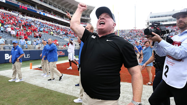 Sep 28, 2024; Oxford, Mississippi, USA; Kentucky Wildcats head coach  Mark Stoops reacts after defeating the Mississippi Rebels at Vaught-Hemingway Stadium. Mandatory Credit: Petre Thomas-Imagn Images