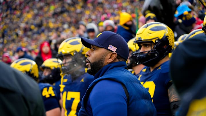 Michigan Wolverines head coach Sherrone Moore prepares to take the field before the the NCAA football game against the Ohio State Buckeyes at Michigan Stadium on Saturday, Nov. 29, 2025 in Ann Arbor, Michigan.