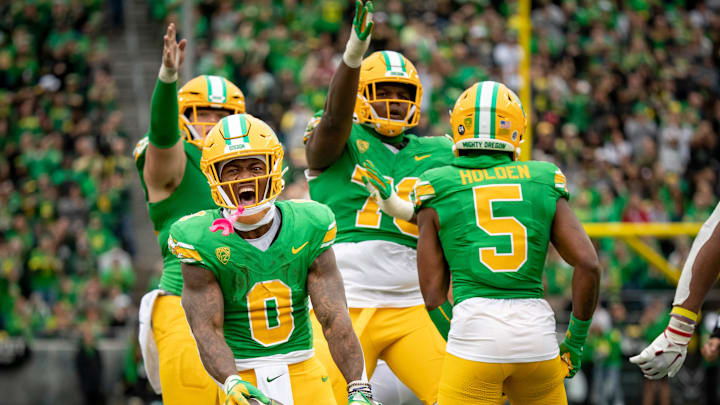 Oregon running back Bucky Irving celebrates a long run as the No. 9 Oregon Ducks host Washington State Saturday, Oct. 21, 2023, at Autzen Stadium in Eugene, Ore.