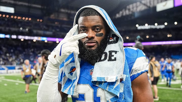 Detroit Lions cornerback Amik Robertson (21) poses for a photo after 52-6 win over Jacksonville Jaguars at Ford Field in Detroit on Sunday, Nov. 17, 2024.