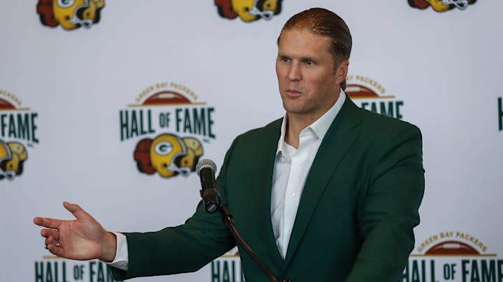 Former Green Bay Packers linebacker Clay Matthews speaks during a press conference before the 2024 Packers Hall of Fame induction banquet on Thursday, August 29, 2024, at Lambeau Field in Green Bay, Wis. Matthews and former Packers defensive lineman Aaron Kampman were both inducted to the Hall of Fame on Thursday night.