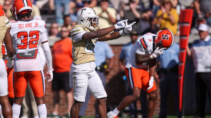 Oct 25, 2025; Atlanta, Georgia, USA; Georgia Tech Yellow Jackets wide receiver Jordan Allen (85) reacts after a first down against the Syracuse Orange in the fourth quarter at Bobby Dodd Stadium at Hyundai Field. Mandatory Credit: Brett Davis-Imagn Images
Oct 25, 2025; Atlanta, Georgia, USA; Georgia Tech Yellow Jackets wide receiver Jordan Allen (85) reacts after a first down against the Syracuse Orange in the fourth quarter at Bobby Dodd Stadium at Hyundai Field. Mandatory Credit: Brett Davis-Imagn Images