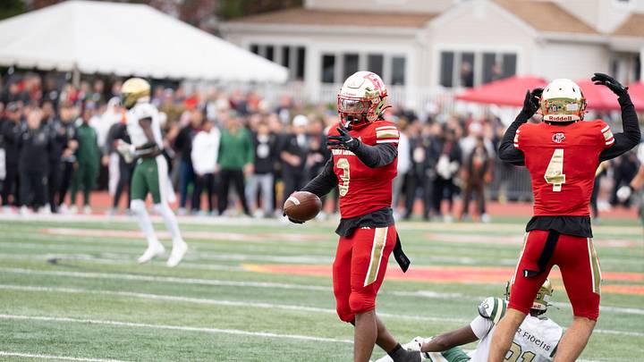 Oct 25, 2025; Oradell, New Jersey, USA; St. Joes football at Bergen Catholic. BC #3 Bryan Porter celebrates after making a catch. Oct 25, 2025; Oradell, New Jersey, USA; St. Joes football at Bergen Catholic. BC #3 Bryan Porter celebrates after making a catch.