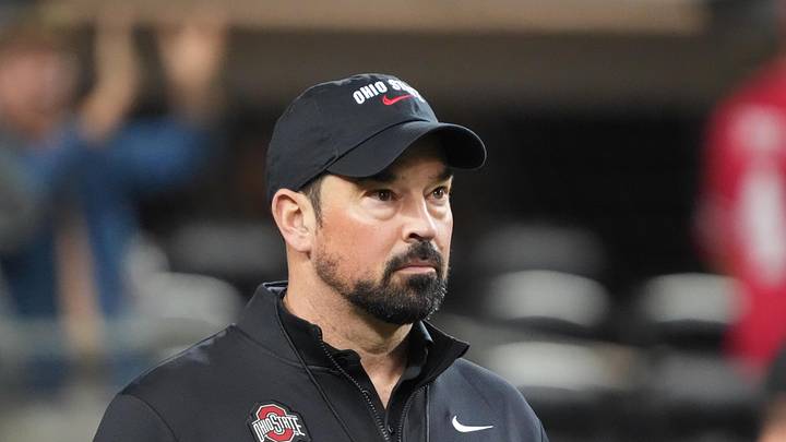 Dec 31, 2025; Arlington, TX, USA; Ohio State Buckeyes head coach Ryan Day looks on during warm-ups before the 2025 Cotton Bowl and quarterfinal game of the College Football Playoff at AT&T Stadium. Mandatory Credit: Raymond Carlin III-Imagn Images