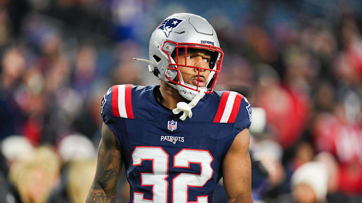 Jan 11, 2026; Foxborough, MA, USA; New England Patriots running back Treveyon Henderson (32) looks on before the game against the Los Angeles Chargers in an AFC Wild Card Round game at Gillette Stadium. Jan 11, 2026; Foxborough, MA, USA; New England Patriots running back Treveyon Henderson (32) looks on before the game against the Los Angeles Chargers in an AFC Wild Card Round game at Gillette Stadium.
