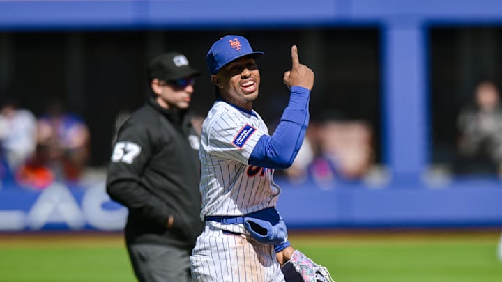 Apr 9, 2025; New York City, New York, USA; New York Mets shortstop Francisco Lindor (12) reacts during the seventh inning against the Miami Marlins at Citi Field.