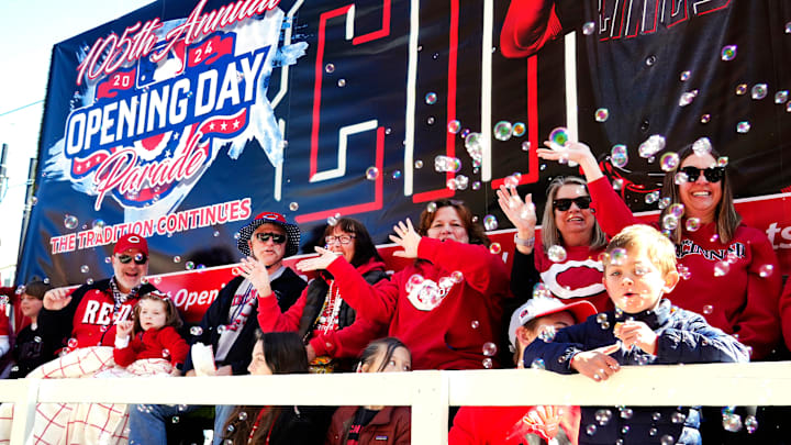 Reds fans get the crowd pumped up during the 105th Findlay Market Opening Day Parade, Thursday, March 28, 2024. The Reds were playing the Washington Nationals for their home opener at Great American Ballpark. Reds fans get the crowd pumped up during the 105th Findlay Market Opening Day Parade, Thursday, March 28, 2024. The Reds were playing the Washington Nationals for their home opener at Great American Ballpark.